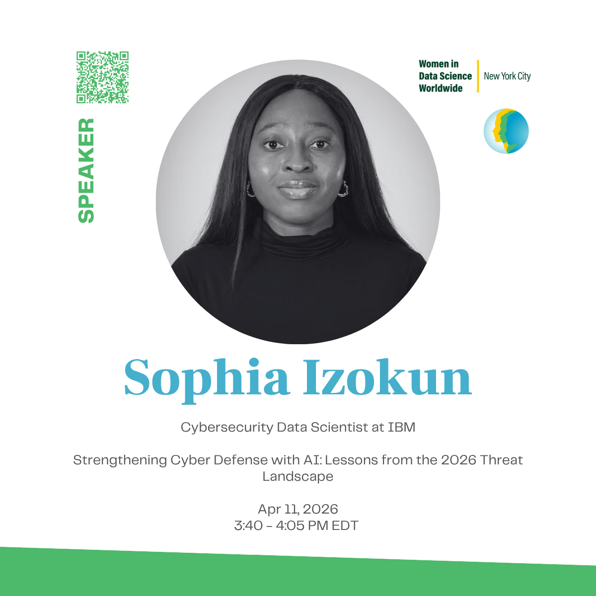 WiDS NYC 2026 speaker poster featuring Sophia Izokun